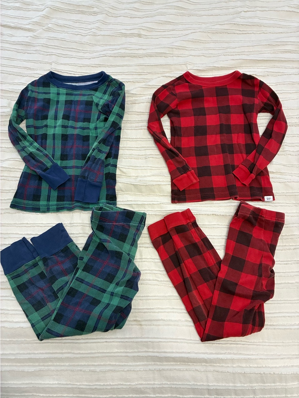 Kids Plaid Cotton Pajamas. One GAP red plaid & one green old navy.